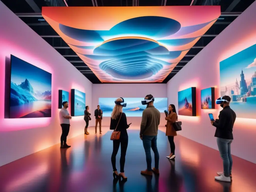 Una exhibición futurista de arte con esculturas de Impresión 3D en arte contemporáneo y visitantes con visores de realidad virtual