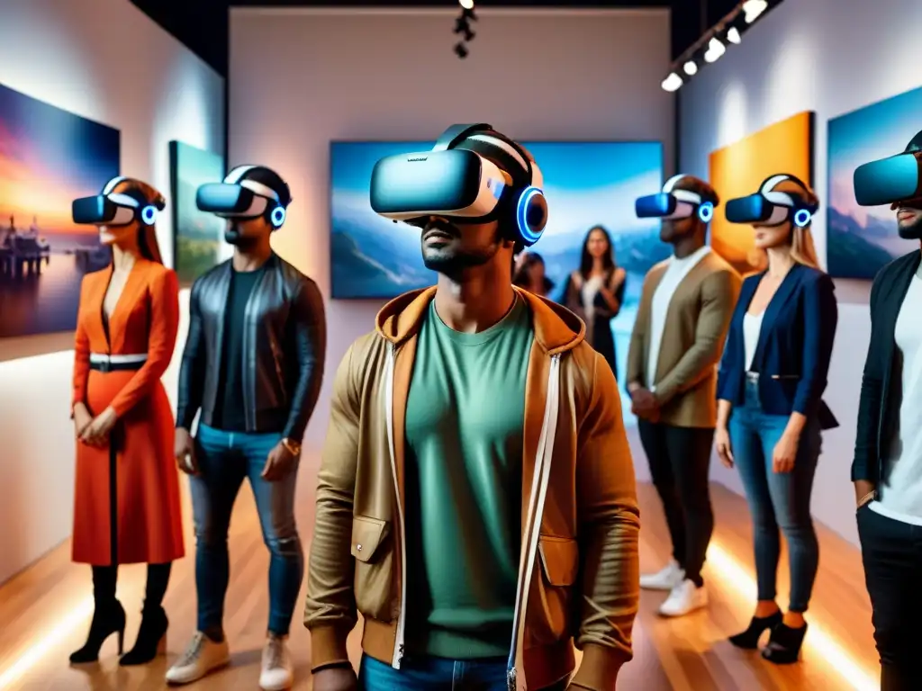 Una experiencia de arte inclusivo en realidad virtual, donde diversas personas interactúan con obras de arte en una exposición vibrante y diversa