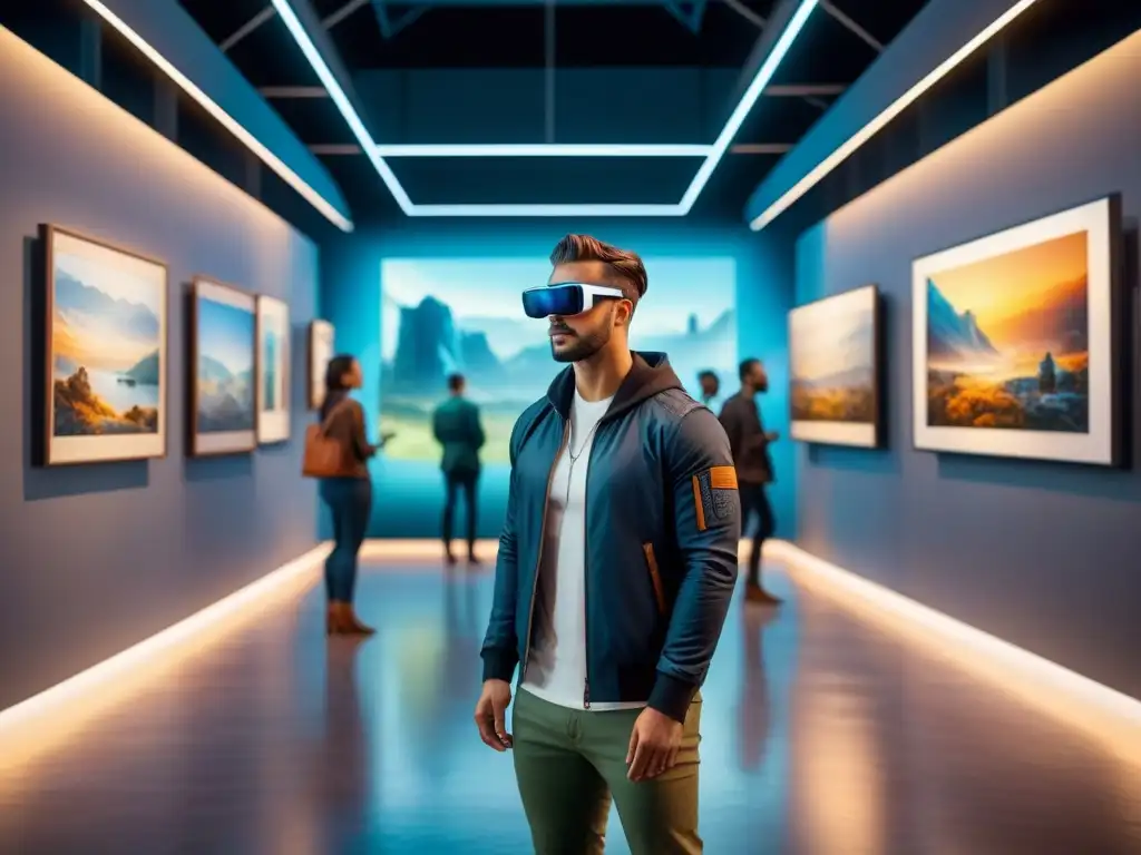 Una experiencia inmersiva de arte visual con realidad aumentada en un salón de exposiciones futurista lleno de obras interactivas vibrantes