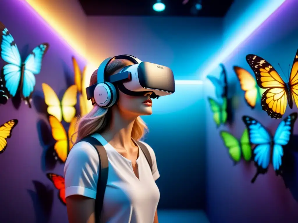 Experiencia inmersiva en una galería de arte virtual con esculturas abstractas y paisajes futuristas, rodeados de mariposas digitales