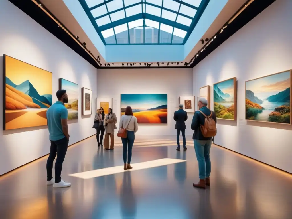 Una experiencia visual inmersiva en una galería de arte vibrante con diversidad de exposiciones y visitantes de todas las edades