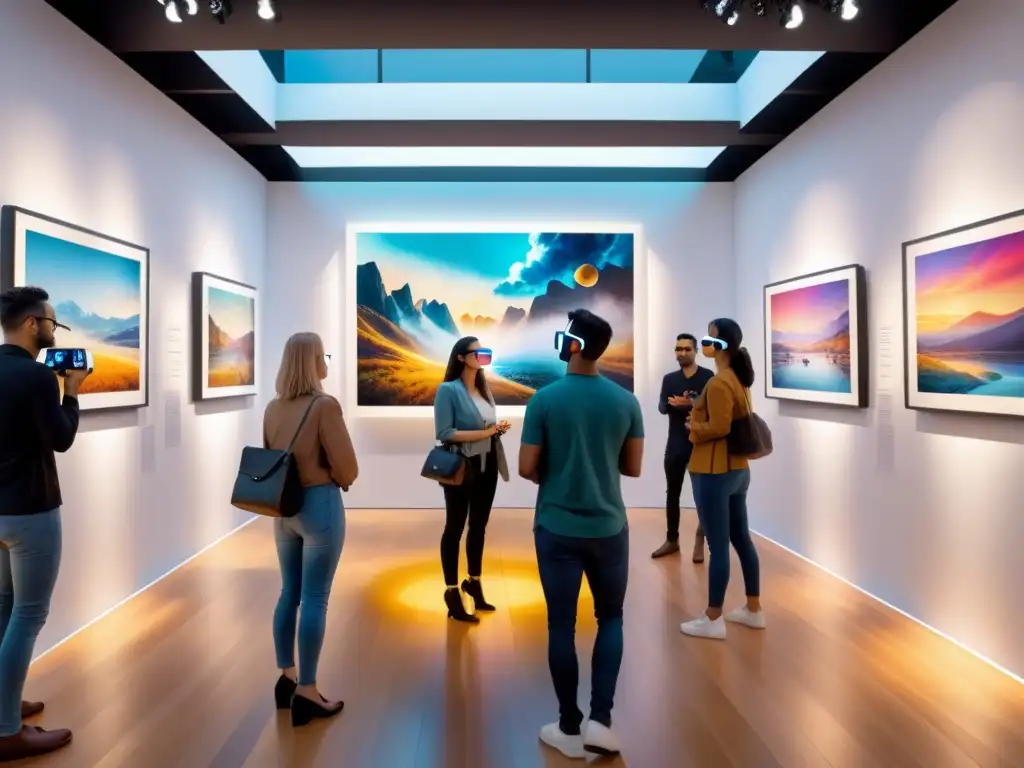 Experiencias AR artísticas: Galería de arte virtual con visitantes interactuando con obras de arte flotantes en un ambiente moderno y vibrante