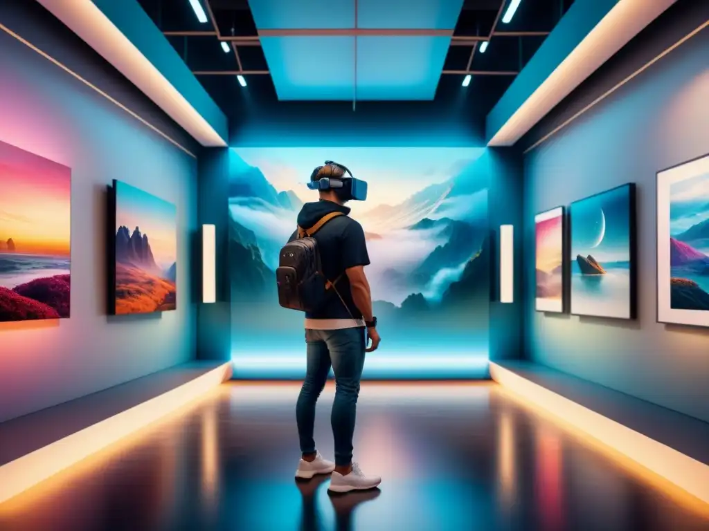 Experiencias de arte en realidad virtual, exhibición futurista de obras digitales vibrantes en un espacio virtual