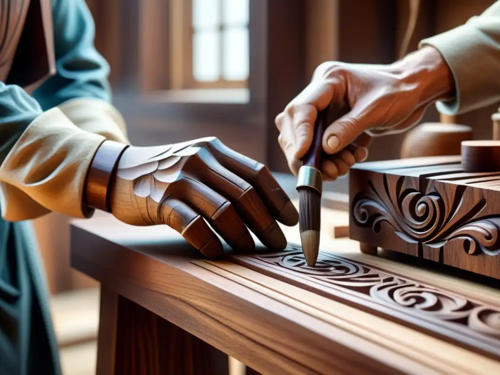 Experimentado artesano esculpe patrones florales en madera oscura, resaltando técnicas escultura madera principiantes