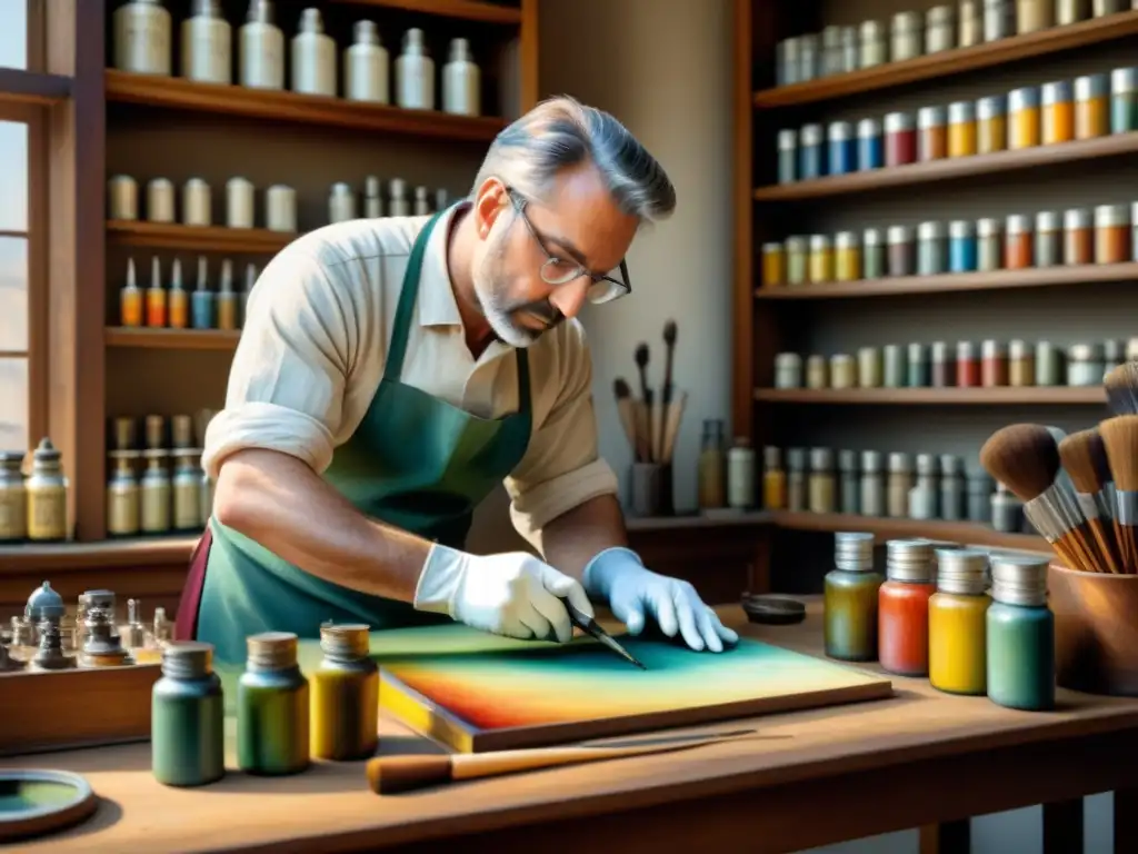 Un experto en restauración de arte histórico cultural trabaja con delicadeza para devolver vida a una pintura centenaria, rodeado de herramientas y colores vibrantes