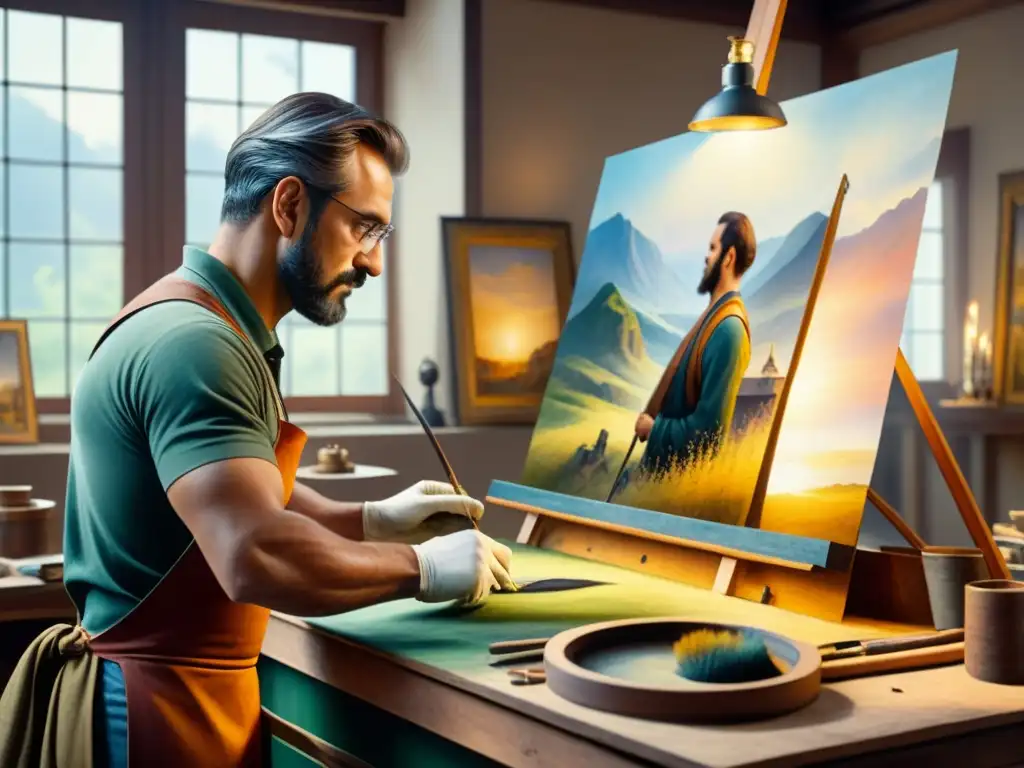 Un experto restaurador de arte trabaja con dedicación en una pintura centenaria en su estudio soleado