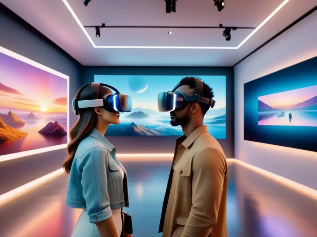 Exploración de arte en Realidad Virtual: galería futurista con narrativas inmersivas en un espacio digital lleno de creatividad y posibilidades