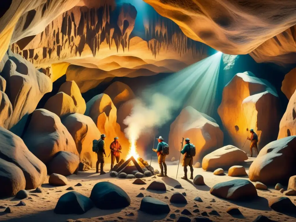 Exploración de cavernas con arte prehistórico en detallada ilustración acuarela