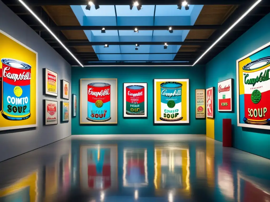 Una exposición de arte pop vibrante con obras icónicas como latas de sopa de Andy Warhol y piezas inspiradas en cómics de Roy Lichtenstein