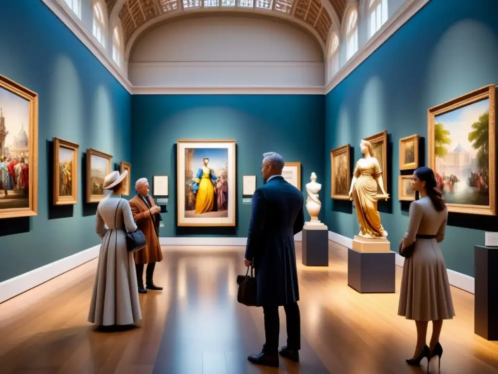 Una exposición de arte renacentista: esculturas clásicas, luz cálida, visitantes admirando obras maestras, un curador señalando un cuadro central