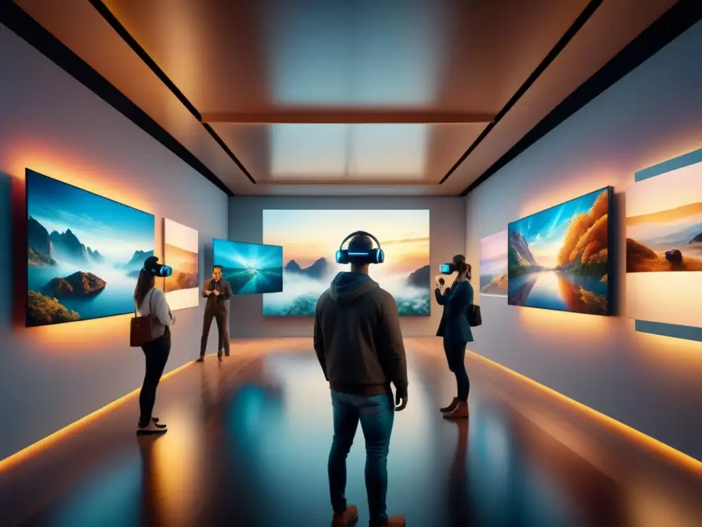 Una exposición de arte virtual con vibrantes obras digitales y visitantes usando VR