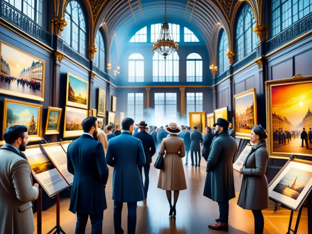 Una exposición impresionista llena de vida y color en París en el siglo XIX, con entusiastas admirando obras maestras