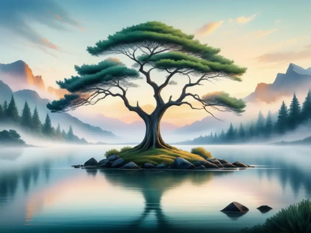 Exposiciones Arte Minimalista Emoción: Paisaje tranquilo con árbol simétrico y colores pastel armoniosos