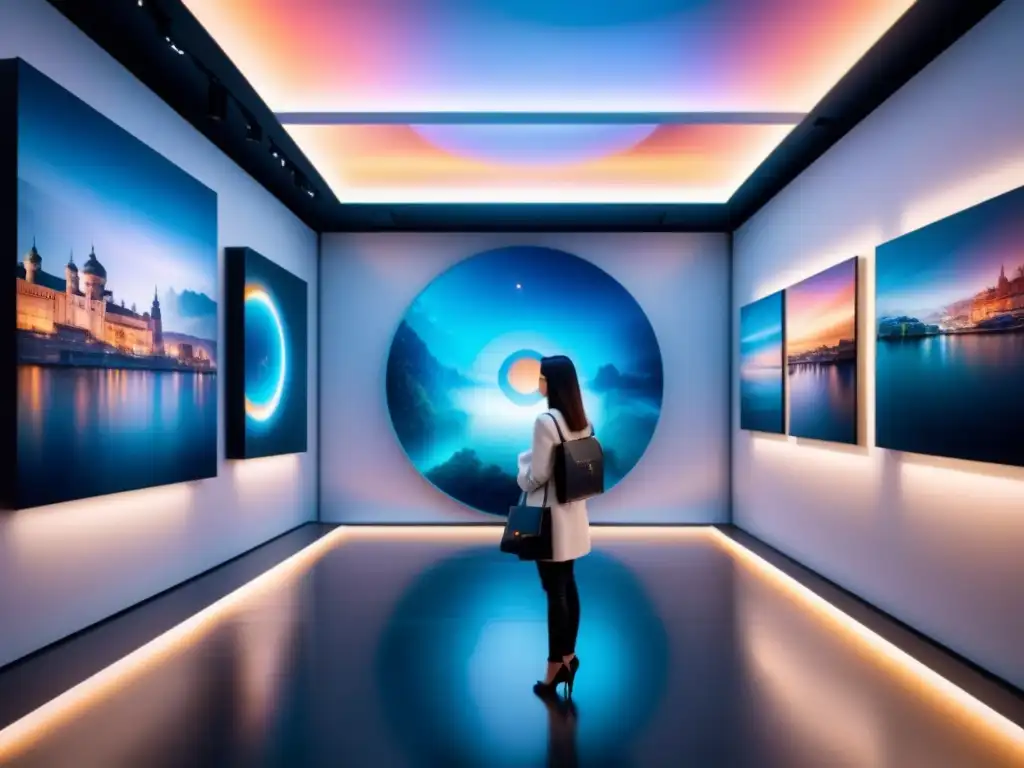 Exposiciones de arte virtual impresionantes en una galería futurista con obras digitales vibrantes y hologramas interactivos