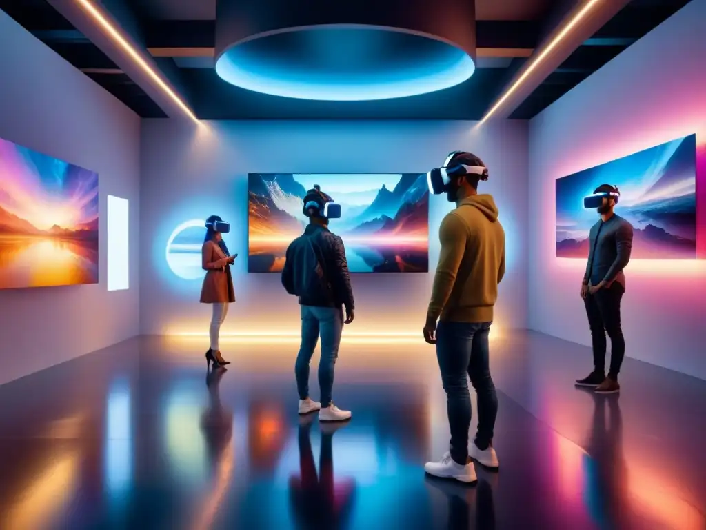 Exposiciones de arte virtual impresionantes en una galería futurista de realidad virtual con obras surrealistas flotando en un espacio digital