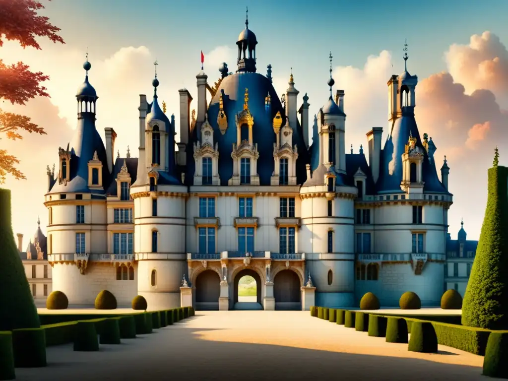 Exquisita ilustración detallada del Château de Chambord en Francia, resaltando su arquitectura renacentista