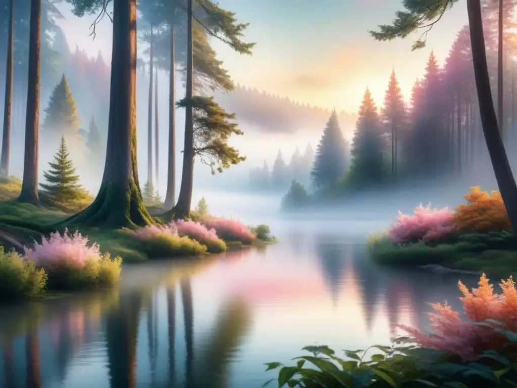 Exquisita pintura acuarela de un bosque encantador al amanecer