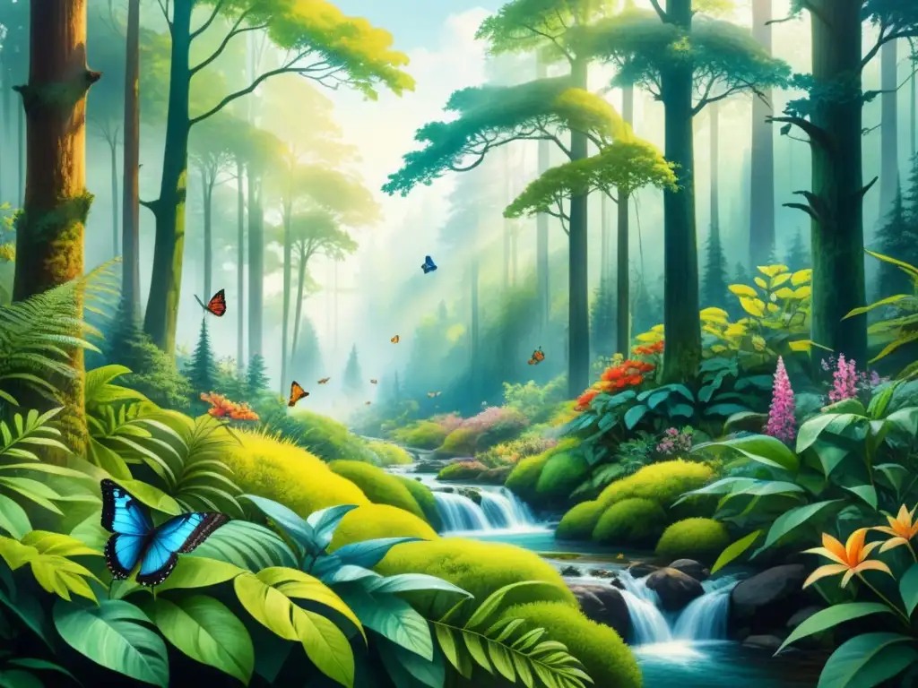 Bosque exuberante en acuarela: vida silvestre y plantas vibrantes Una exuberante y detallada acuarela de un bosque vibrante, lleno de vida vegetal y animal