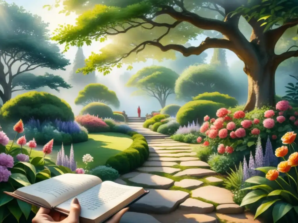 Un jardín exuberante con flores vibrantes, un diario de arte para autoexploración bajo un árbol majestuoso