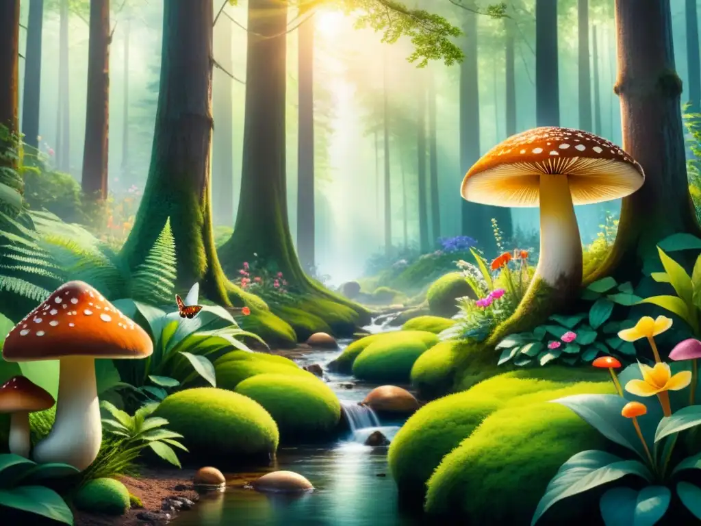 Una exuberante pintura acuarela de un bosque verde, lleno de vida vegetal y flores coloridas