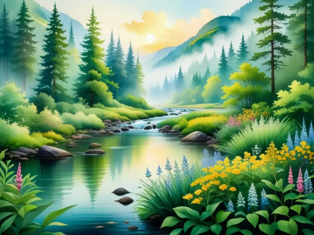 Una exuberante pintura en acuarela que muestra un escena de bosque con follaje verde vibrante, flores silvestres y un arroyo tranquilo