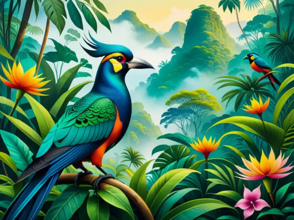 Una exuberante pintura acuarela que refleja la selva latinoamericana, con aves exóticas y flores coloridas