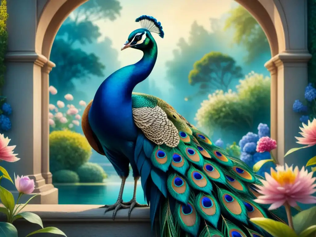 Una exuberante pintura al agua detalla un jardín renacentista con flores simbólicas y un pavo real majestuoso