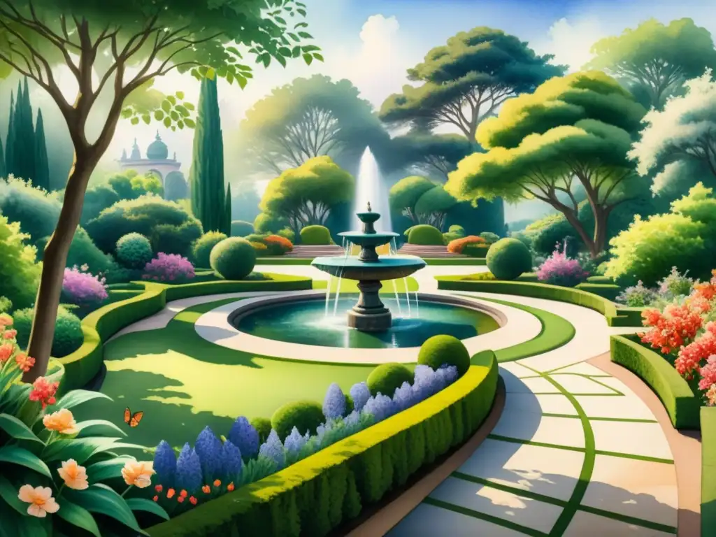 Una exuberante pintura detallada en acuarela de un jardín modernista lleno de flores vibrantes, elementos esculturales y senderos serpenteantes que conducen a una fuente central