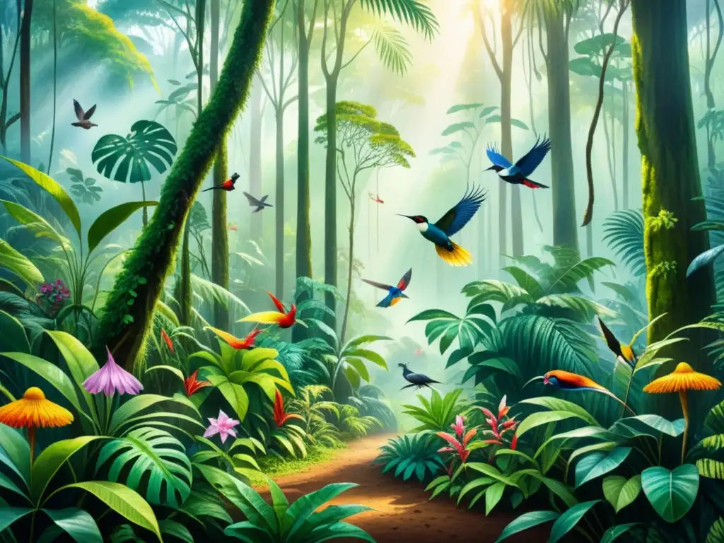 Una exuberante pintura acuarela detallada de un vibrante bosque lluvioso, celebrando la vida y la biodiversidad en un arte ecológico impresionante