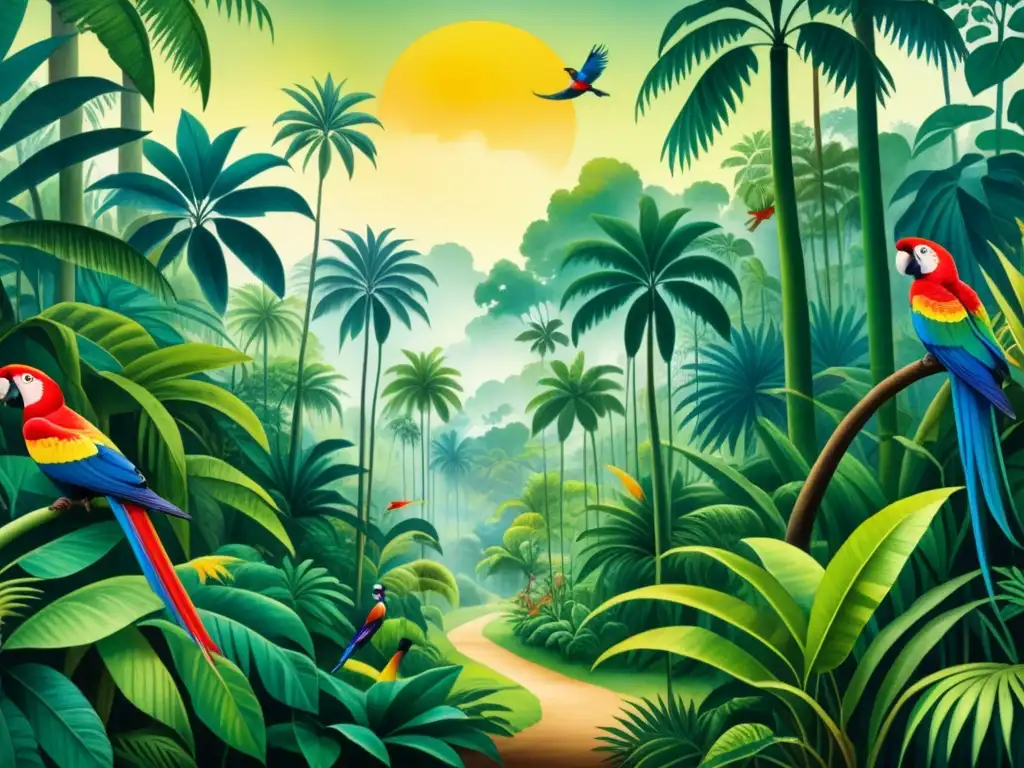 Una exuberante selva pintada con acuarelas, inspirada en la influencia de Rousseau en el arte postimpresionista