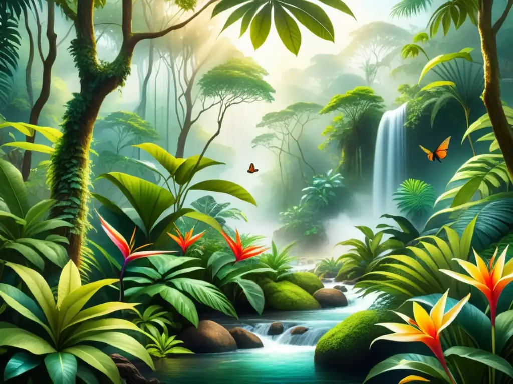 Ilustración digital temática ecológica de exuberante selva con plantas exóticas, flores coloridas y arroyo