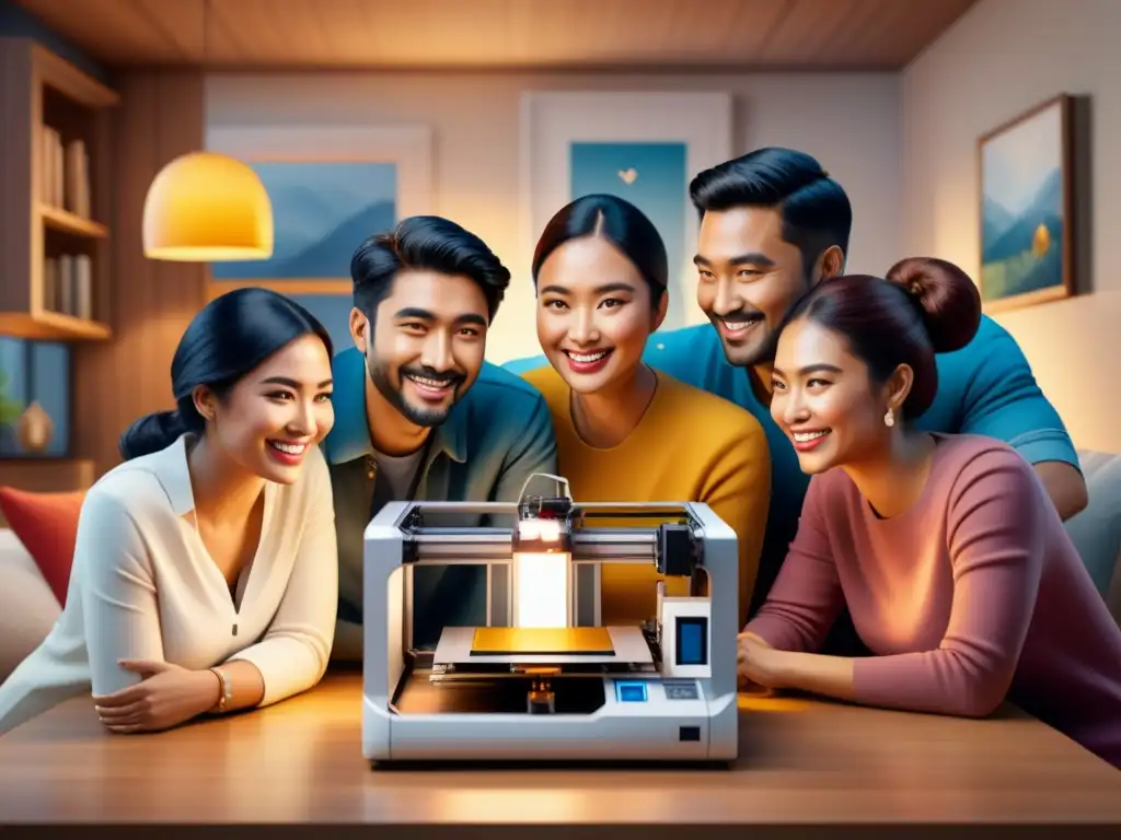 Una familia sonriente observa maravillada la impresión 3D de un retrato de su mascota