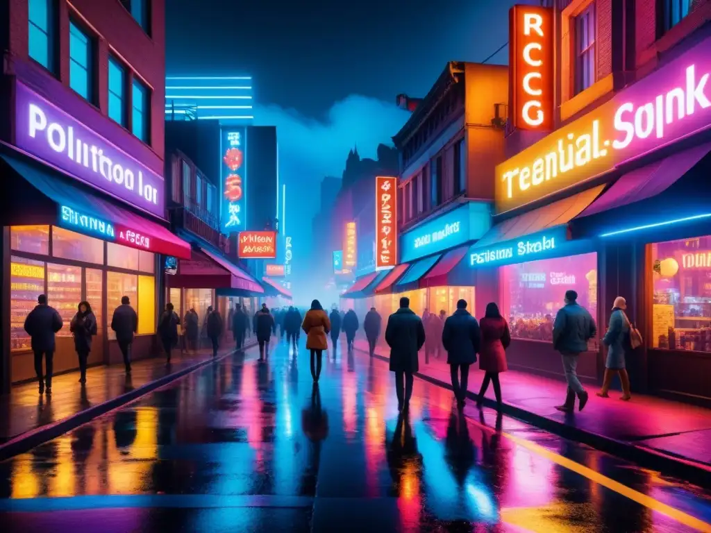 Fascinante arte visual luces de neón iluminando una bulliciosa calle nocturna en una pintura detallada acuarela