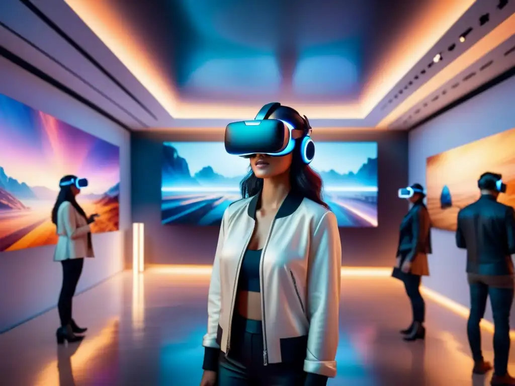 Fascinante galería de arte contemporáneo en realidad virtual, con headsets flotantes y obras inmersivas, creando un ambiente de exploración y asombro