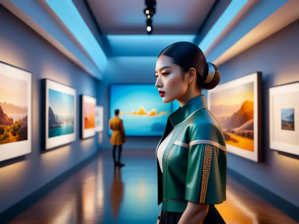 Galería futurista: esculturas 3D y arte innovador Fascinante galería de arte futurista con esculturas e instalaciones 3D, iluminada en tonos etéreos