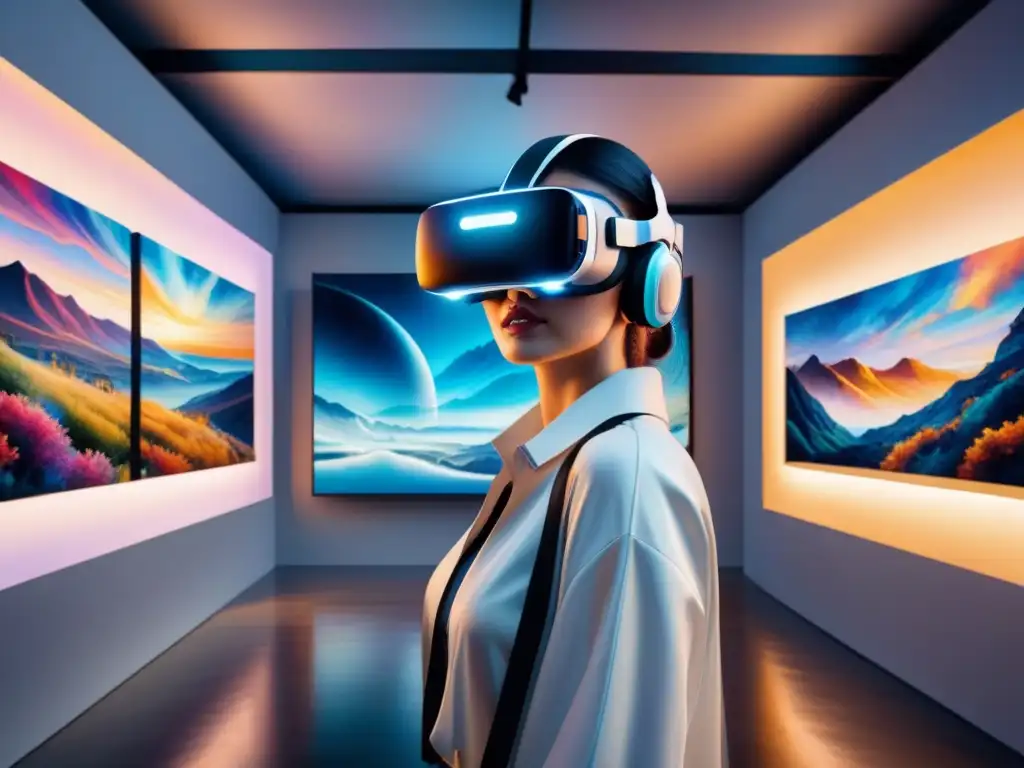 Fascinante galería de arte virtual con obras digitales, luz suave y visitantes con realidad virtual en galerías de arte