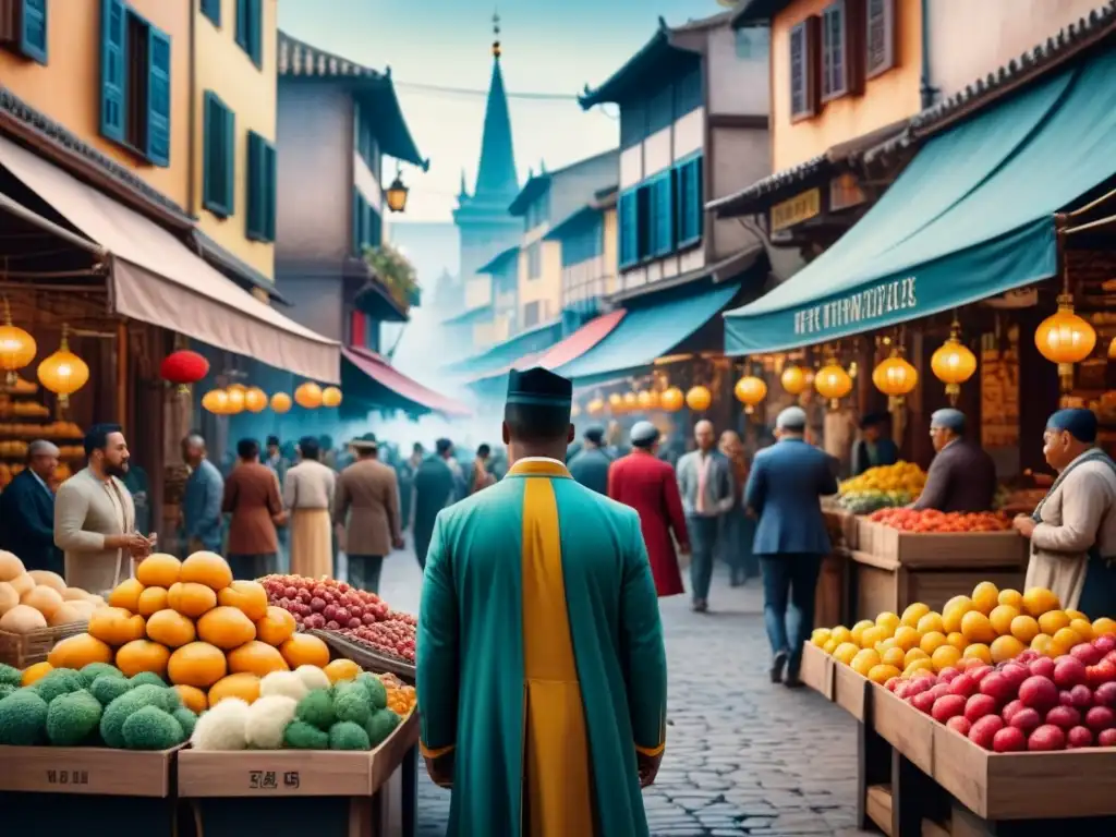 Fascinante obra de arte en acuarela de un bullicioso mercado global, capturando la intersección cultural