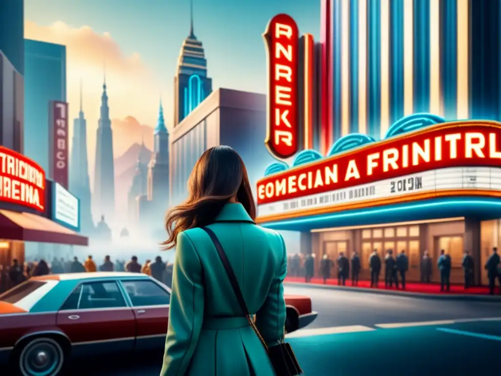 Fascinante sinergia cine tecnología efectos visuales en ilustración acuarela de ciudad futurista y cine clásico