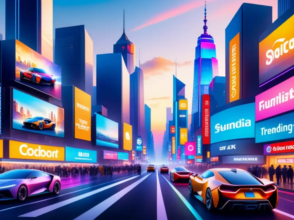 Fascinante vista de una ciudad futurista al atardecer con arte digital en publicidad impactante