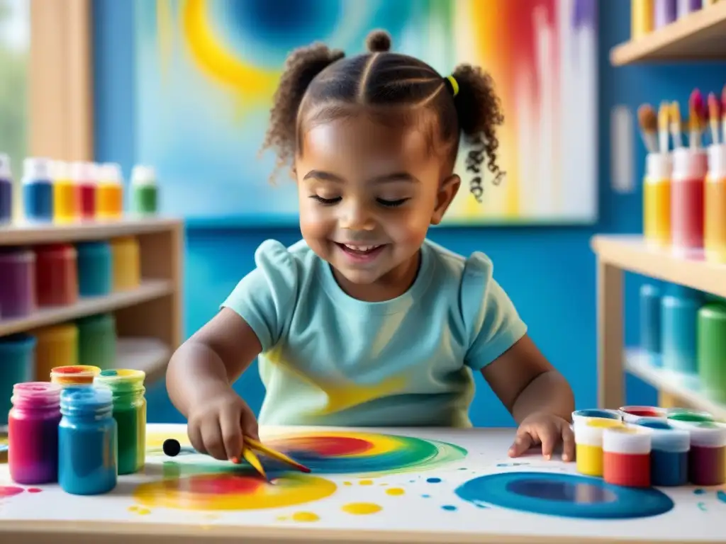 Niño feliz pintando con los dedos en un alegre aula llena de color