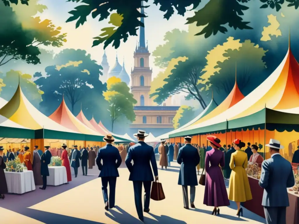 Escena modernista: Feria de arte del siglo XX Una feria de arte modernista en el siglo XX, con elegantes asistentes y obras vanguardistas bajo carpas elaboradas