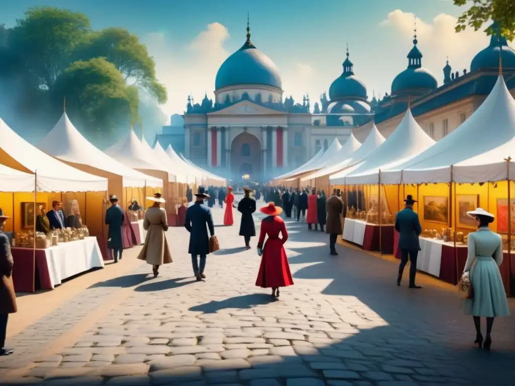 Exposición de Arte Moderno en Feria del Siglo XX Una feria de arte moderno del siglo XX: elegantes visitantes, vibrantes obras modernistas y un ambiente cultural único bajo carpas blancas