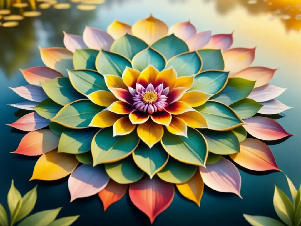 Mandala floral de pétalos en estanque al amanecer, técnicas artísticas efímeras impacto