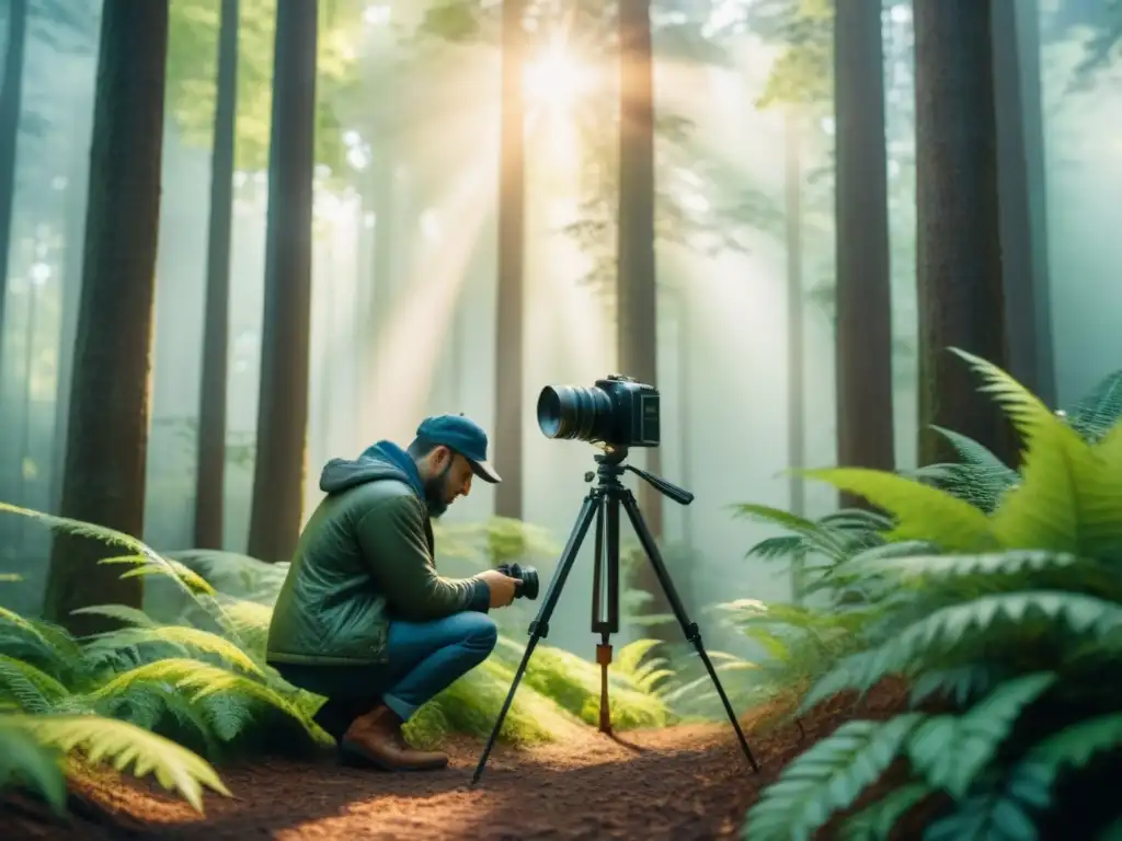 Un fotógrafo analógico ajusta con detalle su cámara en el bosque, capturando la serenidad del momento