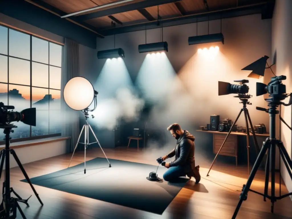 Un fotógrafo ajustando equipo de iluminación en un estudio, destacando las técnicas de fotografía de retratos en estudio