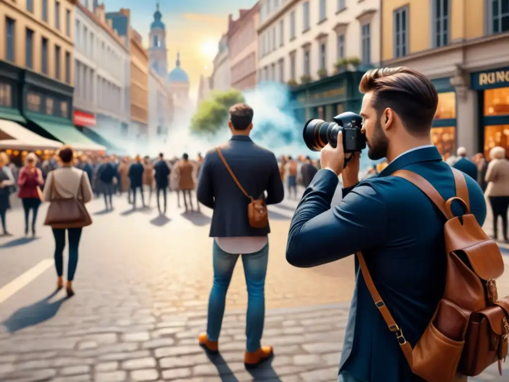 Un fotógrafo capturando la esencia de la vida en una plaza urbana, con técnicas de arte visual que narran historias