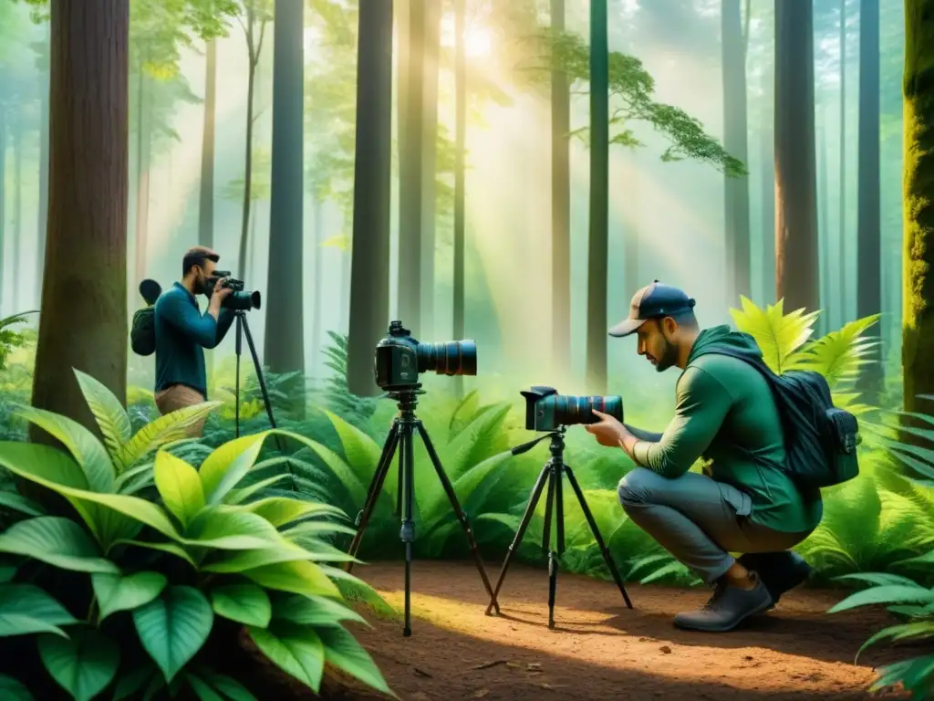 Un fotógrafo experto ajusta su cámara en un bosque exuberante, fusionando técnicas de arte visual con la naturaleza