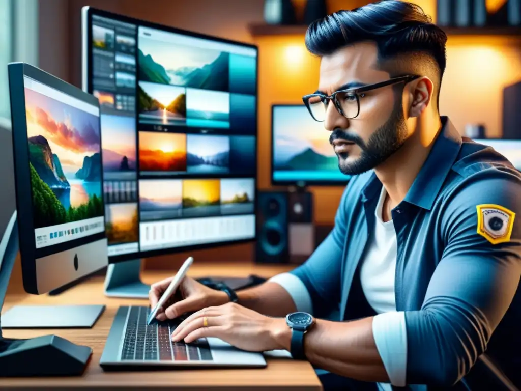 Un fotógrafo experto editando con pasión en su computadora, rodeado de herramientas de edición