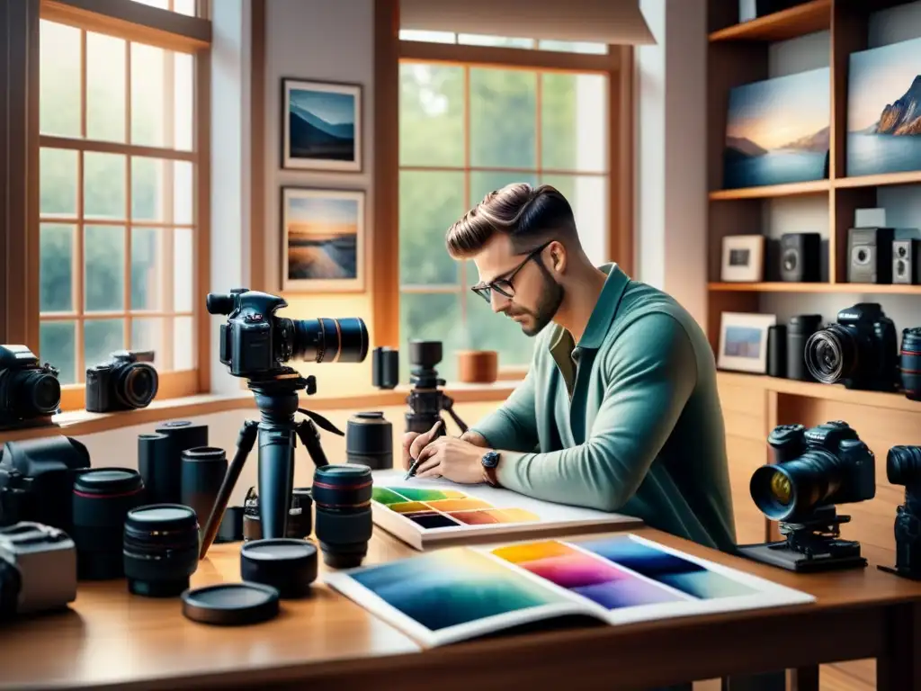 Un fotógrafo inmerso en el proceso creativo detrás de la fotografía artística, rodeado de equipo y herramientas, bajo una suave luz natural