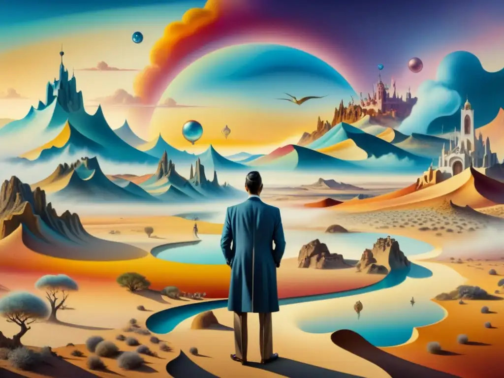 Salvador Dalí frente a una obra surrealista, paisaje onírico y colores vibrantes